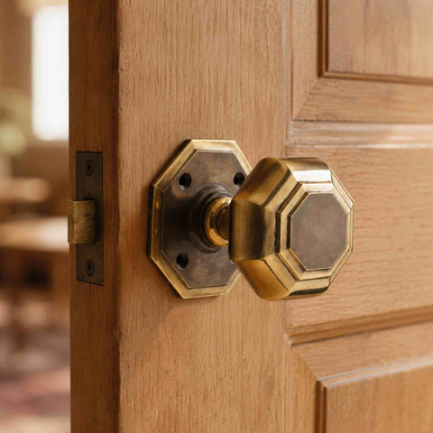 Large aged brass octagonal mortice door knob fitted to a traditional wooden panelled door.