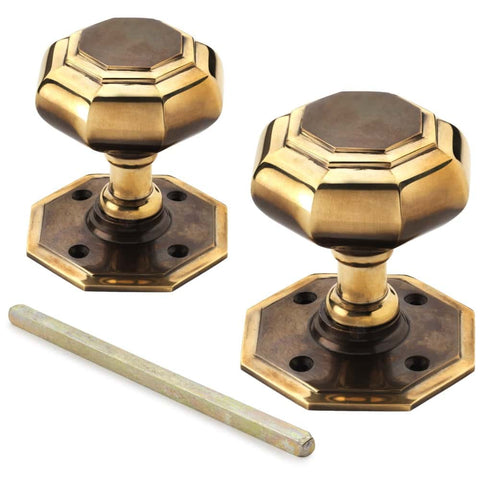 Large Aged Brass Octagonal Door Knobs