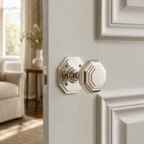 Polished nickel octagonal mortice door knob attached to a grey door.
