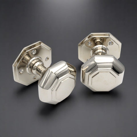 Large Polished Nickel Octagonal Mortice Door Knobs Solid Brass Knob Pair Set