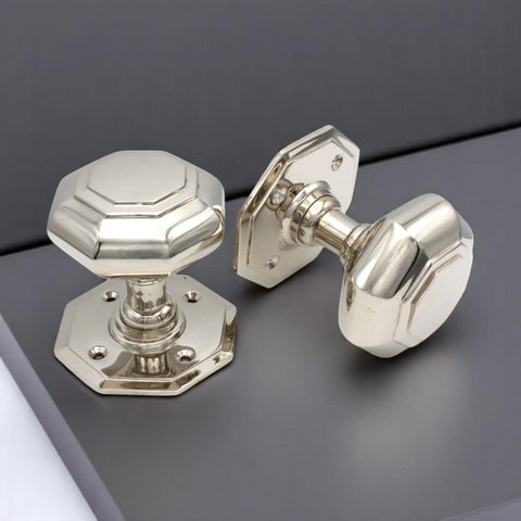 Large Polished Nickel Octagonal Mortice Door Knobs Solid Brass Knob Pair Set
