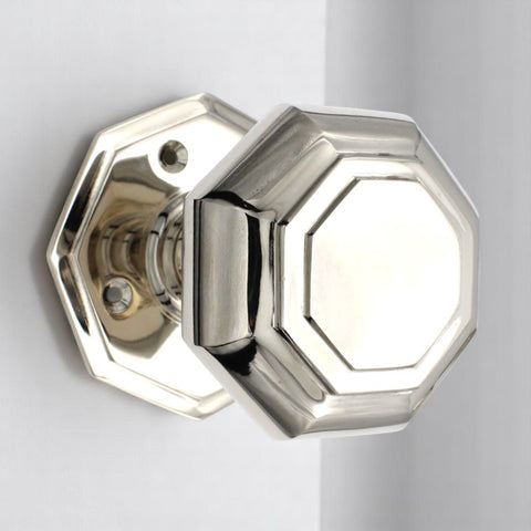 Large Polished Nickel Octagonal Mortice Door Knobs Solid Brass Knob Pair Set