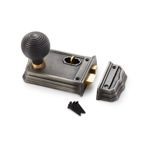 Large Victorian Gothic Rim Lock Ebonised Aged Brass Beehive Door Knobs