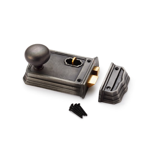 Large Victorian Gothic Rim Lock Pewter Cottage Door Knobs