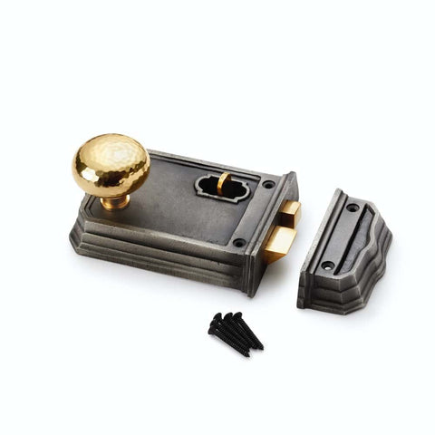 Large Victorian Gothic Rim Lock Polished Brass Hammered Cottage Door Knobs