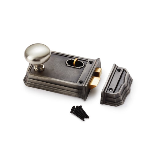 Large Victorian Gothic Rim Lock Satin Nickel Cottage Door Knobs