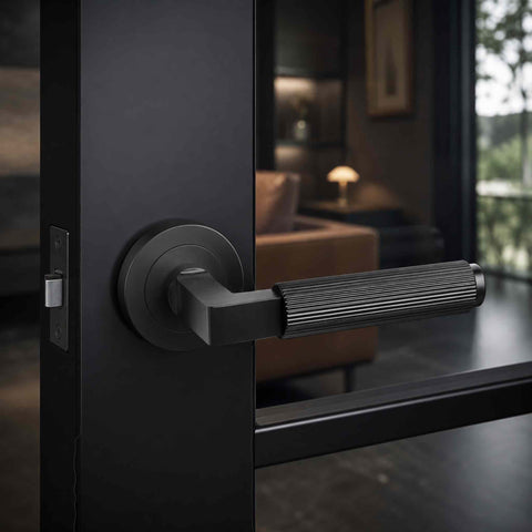 Black reeded lever door handle on round rose fitted to a dark internal door, featuring a contemporary matt black finish and textured grip.