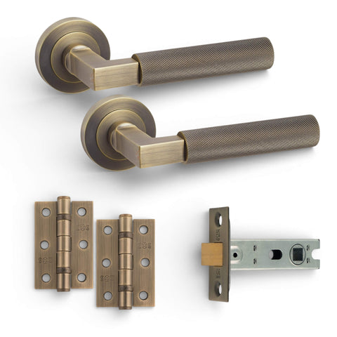 Matt Antique Brass Knurled Lever Door Handles Latch Pack with Hinges and Tubular Latch