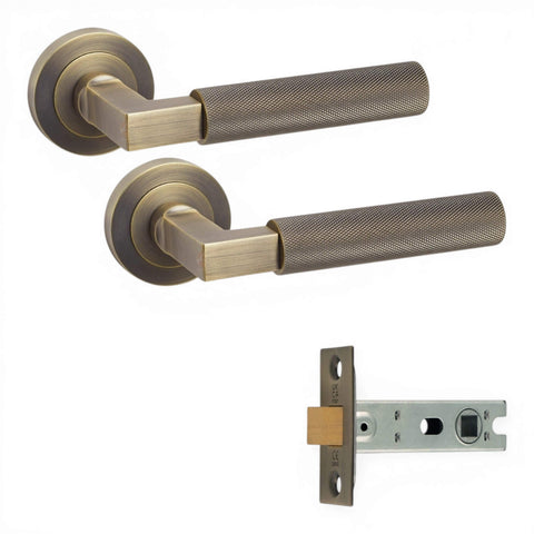 Matt Antique Brass Knurled Straight Lever On Round Rose Latch Pack
