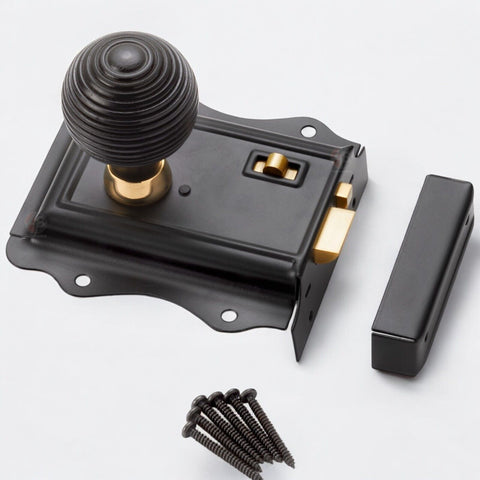 Old Victorian Style Brass Black Beehive Wooden Wood Door Rim Lock Knob Set