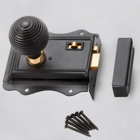 Old Victorian Style Brass Black Beehive Wooden Wood Door Rim Lock Knob Set