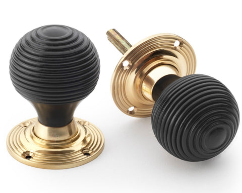 Old Victorian Style Brass Black Beehive Wooden Wood Door Rim Lock Knob Set