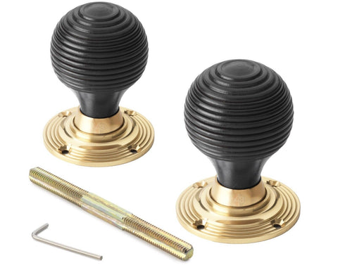 Old Victorian Style Brass Black Beehive Wooden Wood Door Rim Lock Knob Set