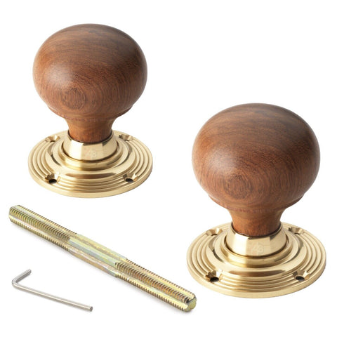 Old Victorian Style Brass Brown Bun Round Wooden Wood Door Rim Lock Knob Set