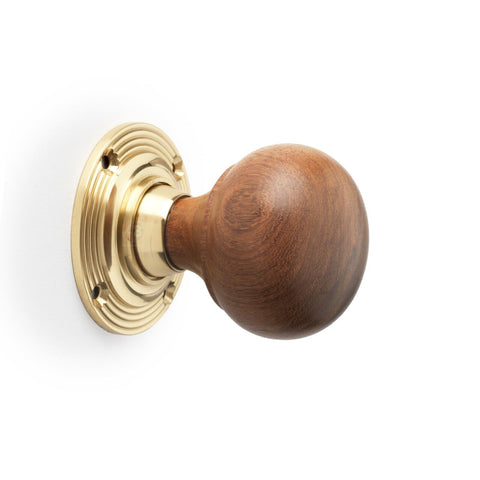 Old Victorian Style Brass Brown Bun Round Wooden Wood Door Rim Lock Knob Set