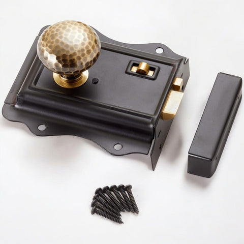 Old Victorian Style Solid Antique Brass Hammered Black Door Rim Lock Knob Set