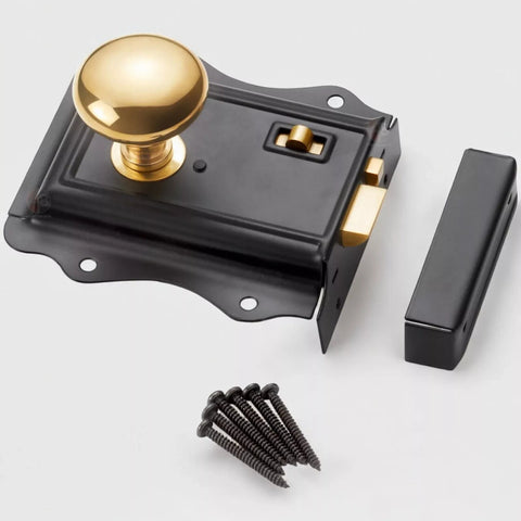 Old Victorian Style Solid Brass Mushroom Black Door Rim Lock Knob Set