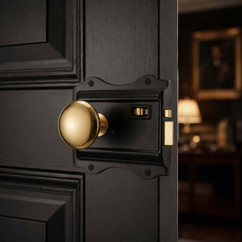 Traditional Solid Brass Mushroom Door Knob and Black Rim Lock Set on Dark Timber Door