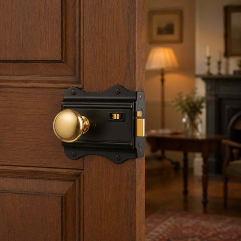 Close-Up of Black Rim Lock Mechanism with Solid Brass Mushroom Door Knob and Brass Latch