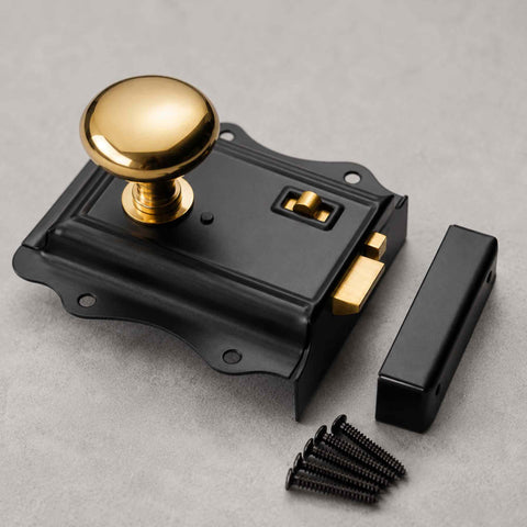 Complete Victorian Style Black Rim Lock and Solid Brass Mushroom Door Knob Set with Fixings