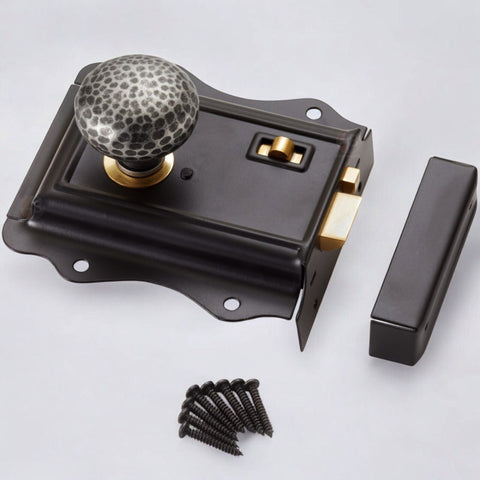 Old Victorian Style Solid Brass Pewter Hammered Black Door Rim Lock Knob Set