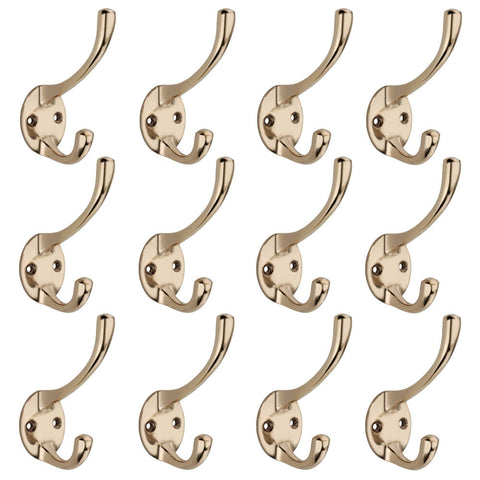 Pack of 12 polished Brass Victorian coat hooks with dual hook design and round backplates