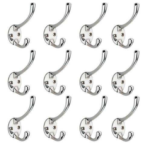 Pack of 12 polished chrome Victorian coat hooks with dual hook design and round backplates