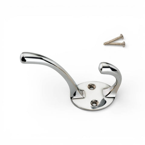 Single polished chrome Victorian coat hook with fixing screws, dual hook design and circular backplate