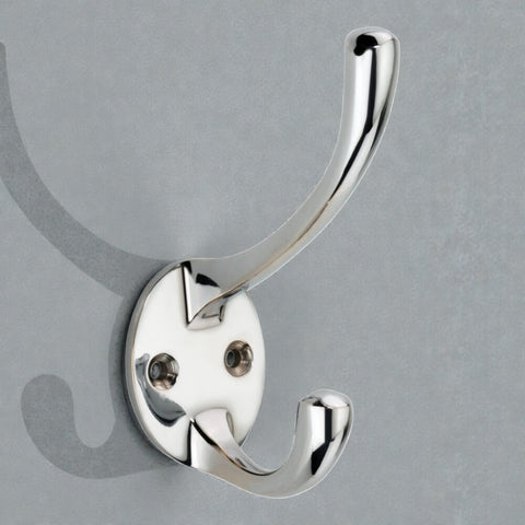Polished Chrome Victorian coat hook fitted to door with dual hook design and round backplate