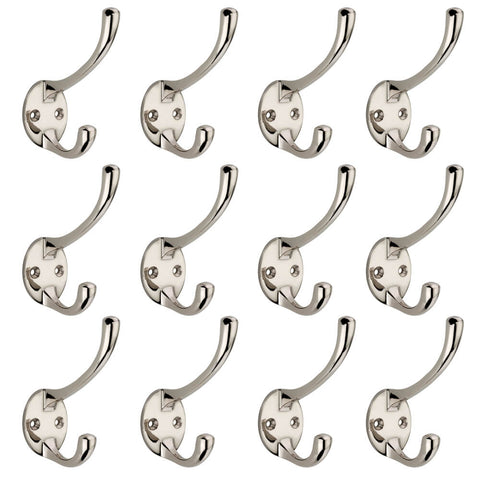 Pack of 12 polished nickel Victorian coat hooks with dual hook design and round backplates