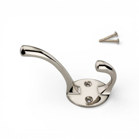 Single polished nickel Victorian coat hook with fixing screws, dual hook design and circular backplate
