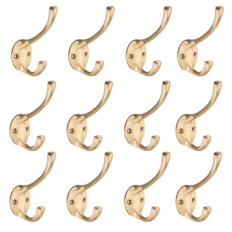 Pack of 12 satin brass Victorian coat hooks with dual hook design and round backplates