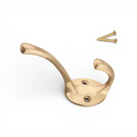 Single satin brass Victorian coat hook with fixing screws, dual hook design and circular backplate