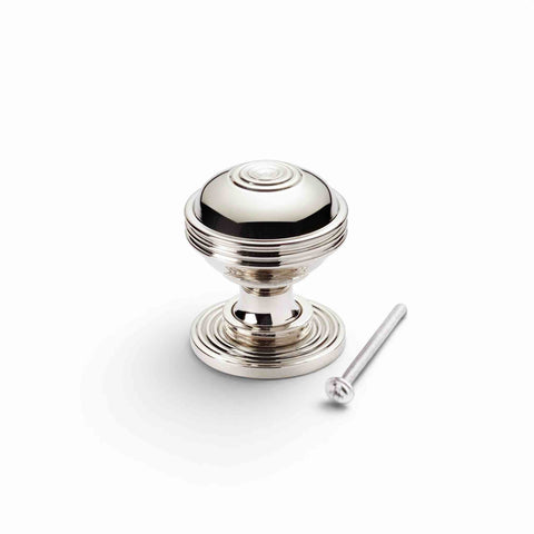 Small polished nickel Bloxwich cupboard knob with threaded fixing bolt, ideal for cupboards, drawers and furniture.