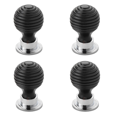 Pack of 4 small ebonised polished chrome beehive cupboard door knobs