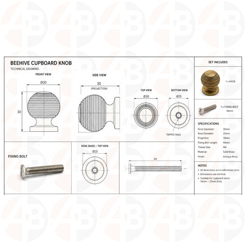 Technical Drawing of 30mm Antique Brass Beehive Cupboard Knob Dimensions