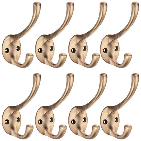 Pack of 8 antique brass Victorian coat hooks with dual hook design and circular backplates