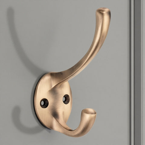 Antique brass Victorian coat hook fitted to door with dual hook design and circular backplate