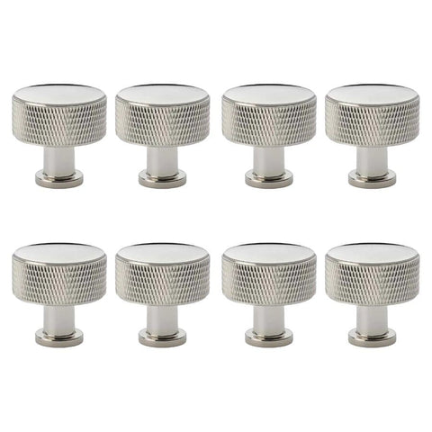 Pack of 8 large polished nickel knurled cupboard knobs
