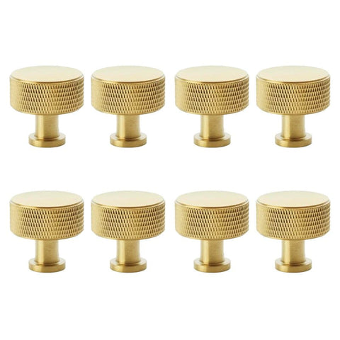 Pack of 8 large satin brass knurled cupboard knobs
