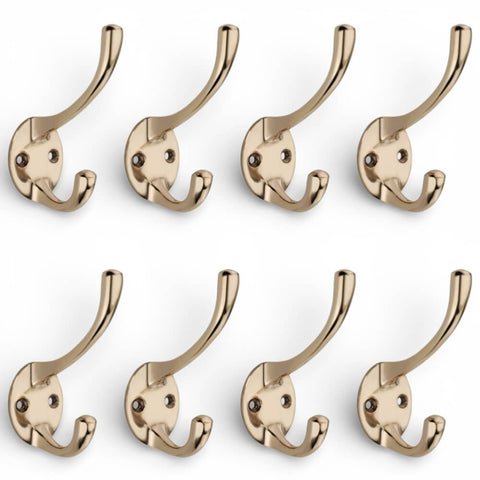 Pack of 8 polished brass Victorian double coat hooks with round backplates