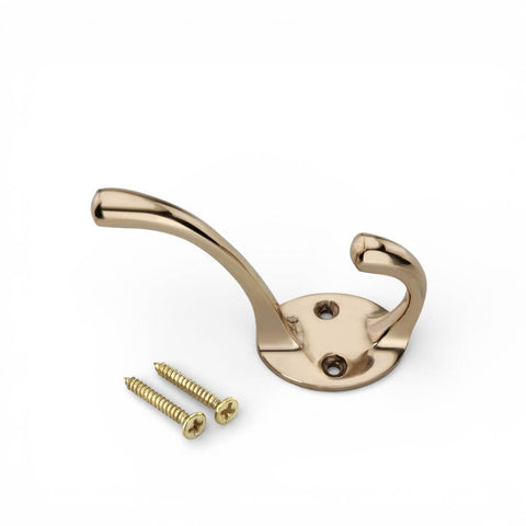 Polished brass Victorian double coat hook with fixing screws included