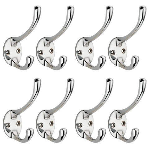 Pack of 8 polished chrome Victorian coat hooks with dual hook design and round backplates