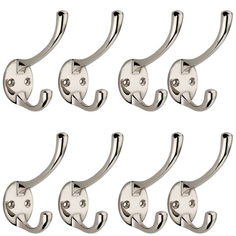 Pack of 8 polished nickel Victorian coat hooks with dual hook design and round backplates