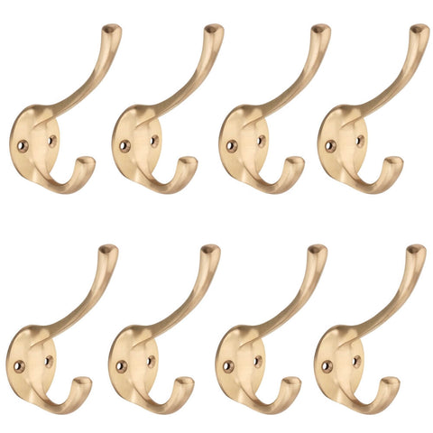 Pack of 8 satin brass Victorian coat hooks with dual hook design and round backplates