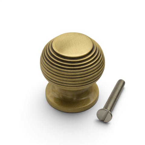 Small antique brass beehive cupboard knob supplied with fixing bolt