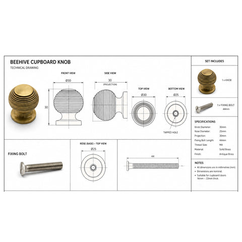Technical drawing sheet for small antique brass beehive cupboard knob with dimensions and specifications


