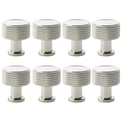 Pack of 8 small polished nickel knurled cupboard knobs