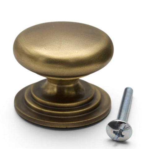 Antique brass cupboard knob with stepped rose backplate and M4 rear fixing screw supplied