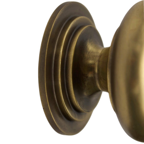Close up side profile of antique brass cupboard knob and stepped rose backplate